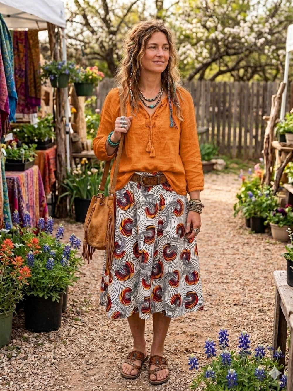 World Market Cream Midi Skirt with Orange and Rust Swirl Print
